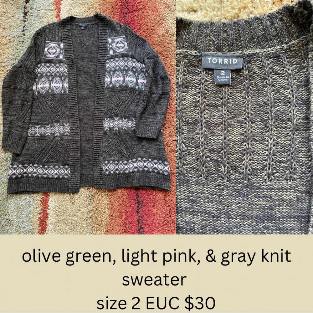 Torrid olive green, light pink & gray knit cardigan